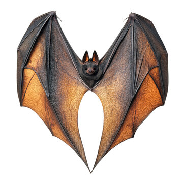 This image is a studio portrait of a fruit bat with its wings spread open isolated on transparent background.