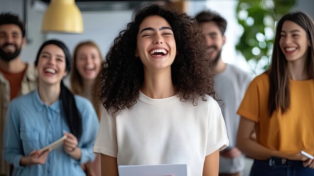 Group of laughing teammates take part in briefing led by young Indian woman, stand in front of colleagues joking, make speech looks hilarious, enjoy communication, friendly relationships at workplace 
