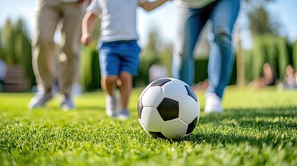 Happy young parents and son kid kicking soccer ball on grass at house, playing football outside together, spending family leisure time outside, enjoying outdoor activities on backyard