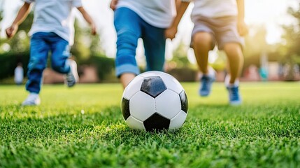 Happy young parents and son kid kicking soccer ball on grass at house, playing football outside together, spending family leisure time outside, enjoying outdoor activities on backyard 