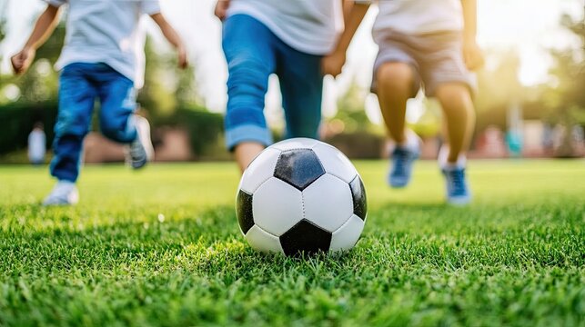 Happy young parents and son kid kicking soccer ball on grass at house, playing football outside together, spending family leisure time outside, enjoying outdoor activities on backyard 