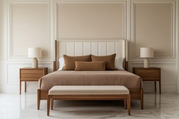 Modern bedroom with wooden bed, beige bedding, and nightstands.