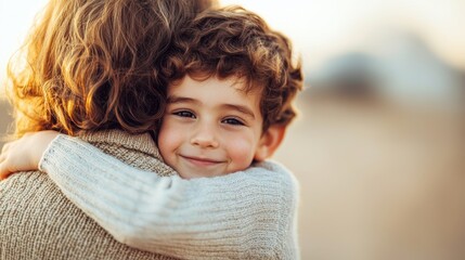 A joyful child hugs an adult, radiating warmth and affection against a soft, natural backdrop.