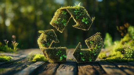 Moss-covered recycle symbol on wooden surface in nature