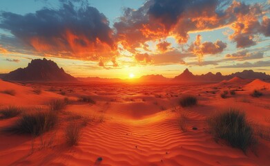 Naklejka premium Sahara Desert Sunset Scenic Landscape with Sand Dunes Natural View