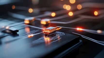 Close-up View of Circuit Board with Glowing Chips and Light Trails in Abstract Technology Concept