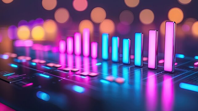 Vibrant audio visualization with colorful sound bars and soft bokeh lights in the background.