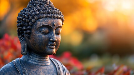Buddha statue serene autumn garden meditation