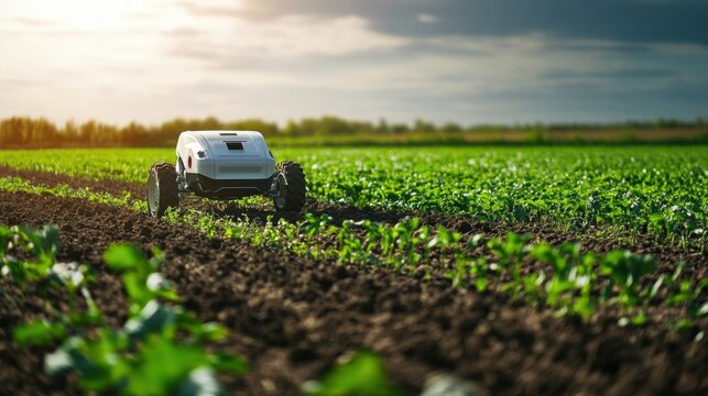 A smart agriculture robot, farm field with autonomous robot planting seeds and monitoring crops, Agri-tech style