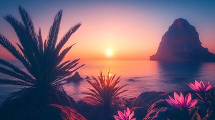 Obraz premium Vibrant sunrise over ocean, rocky coast, palm trees, and pink flowers.