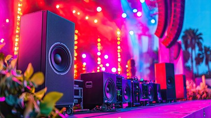 Vibrant concert scene featuring speakers and colorful stage lights.