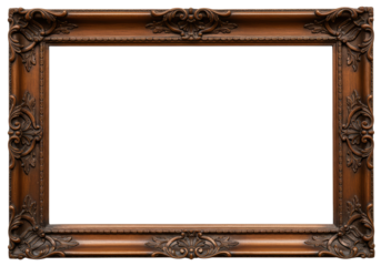 Antique Baroque Picture Frame: Black Wood with Ornate Golden Flourishes.Isolated white background.Full transparent PNG.