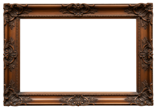 Antique Baroque Picture Frame: Black Wood with Ornate Golden Flourishes.Isolated white background.Full transparent PNG.
