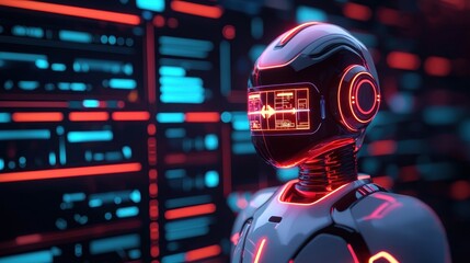 A futuristic robot with glowing features stands against a backdrop of digital screens, showcasing advanced technology and innovation.