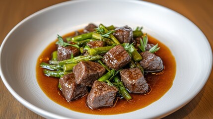 Beef Tendon concept. Glazed beef tendon in a dark soy caramel sauce