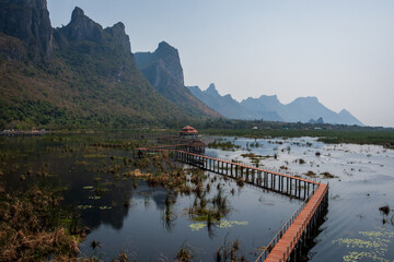 The Bueng Bua Boardwalk is over one kilometre long, and stretches over the Thung Sam Roi Yot marsh....
