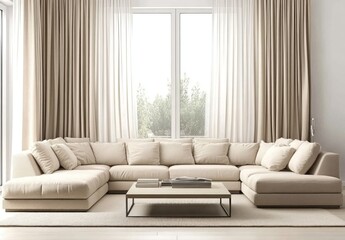 Modern beige sectional sofa in a bright living room with large windows and curtains.