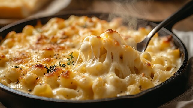 A gourmet food shot, creamy mac and cheese in a black cast iron skillet, a spoon twirling a perfect cheese-covered bite, steam rising, rich golden color palette, cinematic food photography,