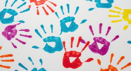 Colorful handprints create a vibrant design.