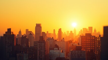 Fototapeta premium A breathtaking sunset casts a golden glow over a city skyline, highlighting the silhouettes of tall buildings against a vibrant orange sky.