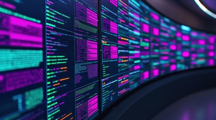 A futuristic display of colorful code and data streams on a curved screen, showcasing technology and digital information.