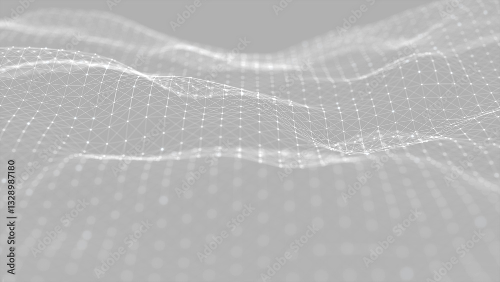 Poster Dynamic wave with connected dots and lines on a white background. Digital particles wave, dots, and lines big data concept. Abstract background. 3D rendering.