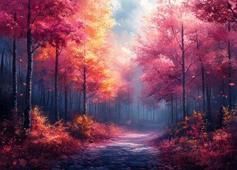 fantasy dreamlike landscape autumn colors vibrant trees misty path serene atmosphere