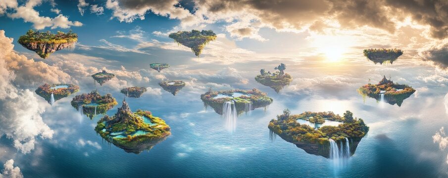 A collection of floating islands suspended in the sky above water