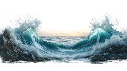 Majestic Turquoise Waves Crashing Against Rugged Rocky Shoreline with Sea Spray Rising, Framed by a Glowing Pink Sunset on the Distant Horizon – Isolated on White Background