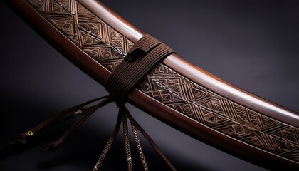 A tribal bow made of dark wood, wrapped in carefully knotted sinew, with tiny etchings of hunting symbols, showcasing craftsmanship, strength, and cultural significance.
