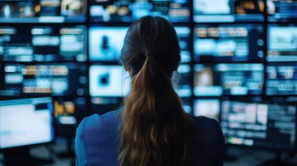 A person observes multiple screens displaying various digital content in a darkened room, focusing intently on the information presented.