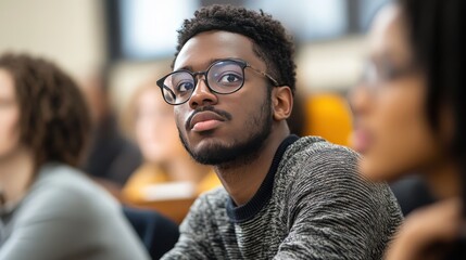 A focused student asking questions during an insightful classroom session, surrounded by peers who are also actively participating and learning