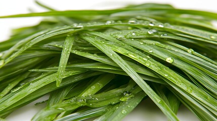 Obraz premium Wet green chives close up against a white background