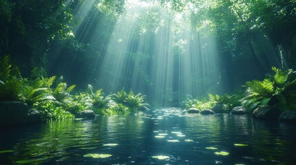 Obraz premium Mystical rainforest sun rays lush greenery serene river exotic jungle dark fantasy forest