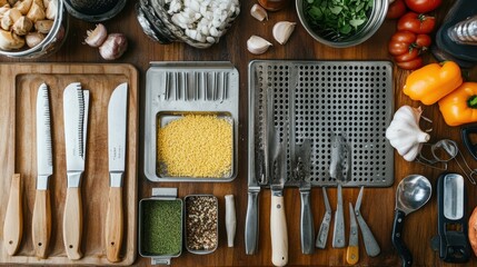 A full chefs toolkit, including peelers, zesters, graters, and corers, essential for every professional kitchen.