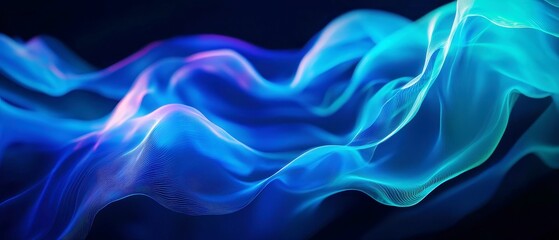Obraz premium Vibrant Neon Gradient Flow, Abstract texture of flowing colors from Deep Ocean Blue to Seafoam on black background, featuring a gentle wave shape and soft diffusion for modern minimalist aesthetic