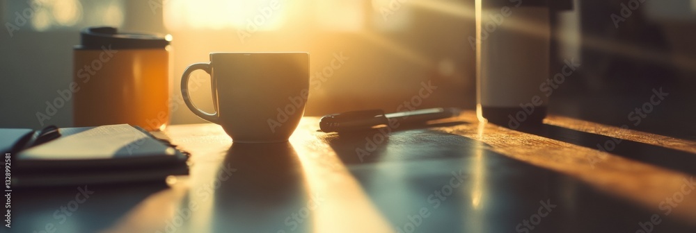 Poster minimalist morning productivity sanctuary golden hour remote work setup with soft ambient lighting -