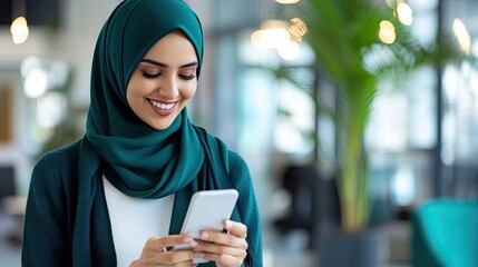 Smiling Arabian businesswoman, corporate staff member dressed in traditional Muslim hijab holds smartphone stand in office, respond on email, check messages, share sms, communicates remotely using app
