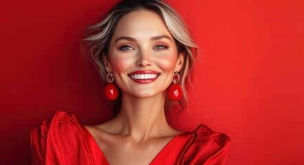 Fototapeta premium Elegant Smiling Woman in Red Outfit and Christmas Earrings Glowing Skin Happy Celebration