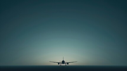 Silhouette of airplane on runway at dawn or dusk.