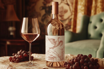 Bottle of pink fine wine standing next to glass goblet and bunches of grapes against room background