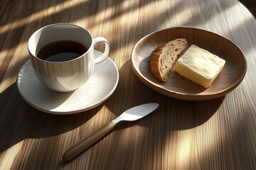 A breakfast table with coffee mug, plate, and butter knife placed neatly in the rays of the sun