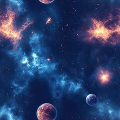 Stunning Nebula Seamless Pattern Glowing Planets and Cosmic Dust for Textile Print