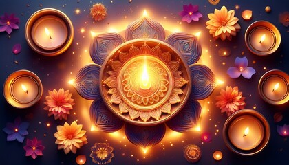 Obraz premium A symbol of cosmic energy glowing with bright light, surrounded by Diwali elements like diyas, rangoli, and vibrant flowers, embodying spirituality, celebration, and universal energy. 