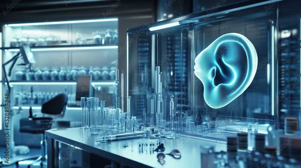 Poster a futuristic laboratory where scientists use bioprinting technology to create a realistic 3d artific