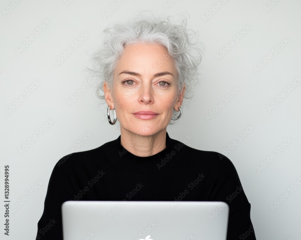 Poster silver-haired visionary empowered mid-career professional redefining remote work with sleek apple te