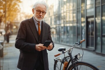 Sophisticated elderly man in modern suit checking smartphone beside bicycle on urban street