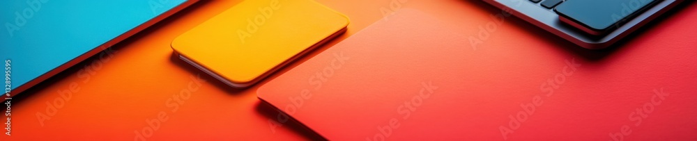 Poster vibrant digital workspace minimalism bold color-block tech surfaces showcasing modern productivity a
