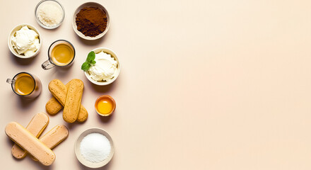 tiramisu ingredients, top view with space for text, simple background, negative space