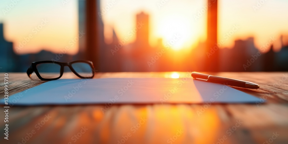 Poster hybrid workspace transformation golden hour productivity scene with minimalist desk, urban skyline a